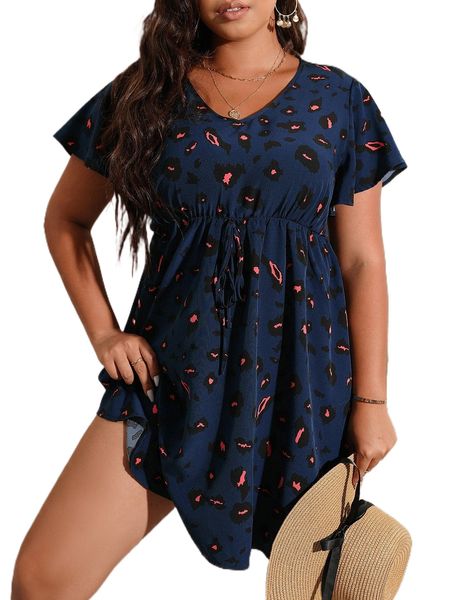 plus leopard print flutter sleeve tie front dress n9ol#, Black 
plus leopard print flutter sleeve tie front dress n9ol#, Black