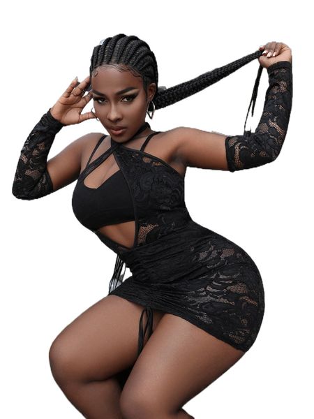 1pc drawstring front halter neck lace bodycon dress with arm sleeves b3wu#, Black;gray
1pc drawstring front halter neck lace bodycon dress with arm sleeves b3wu#, Black;gray