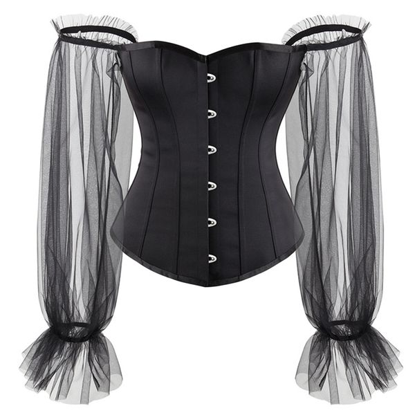 black off-shoulder satin overbust corset with long mesh sleeves lolita 2022 new victorian steel bones shaper bustiers, Black;white
black off-shoulder satin overbust corset with long mesh sleeves lolita 2022 new victorian steel bones shaper bustiers, Black;white