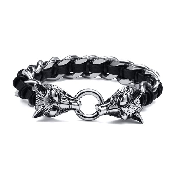 stainless steel double wolf head chain bracelet w/ black leather interwovened bracelets for mens gifts 16mm 9 inch
stainless steel double wolf head chain bracelet w/ black leather interwovened bracelets for mens gifts 16mm 9 inch