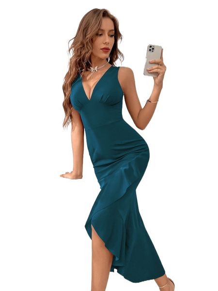 ruffle trim zip back mermaid hem dress a8an#, Black;gray