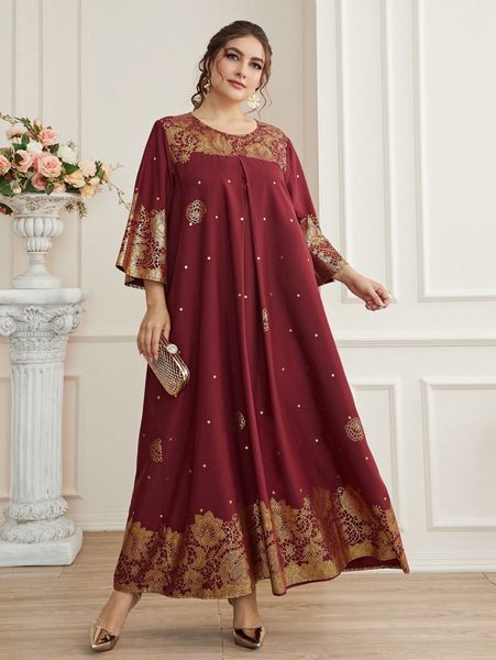 plus random gold floral print trumpet sleeve dress v7lf#, Black