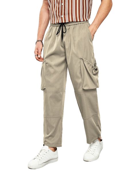 men drawstring pocket patched pants k6s7#, Black