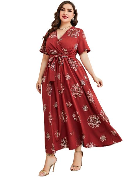 plus mandala print belted dress 62nm#, Black