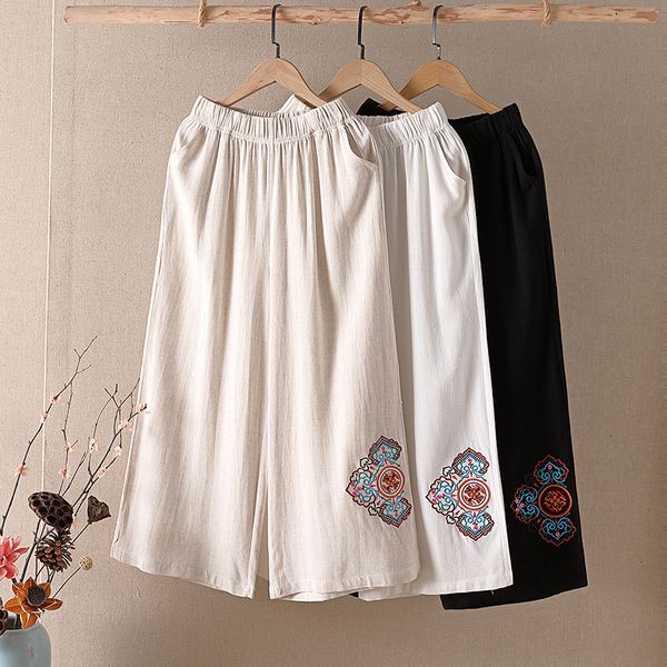 women's wide leg pants streetwear vintage trousers embroidered capris elastic waist loose casual clothing, Black;white
women's wide leg pants streetwear vintage trousers embroidered capris elastic waist loose casual clothing, Black;white