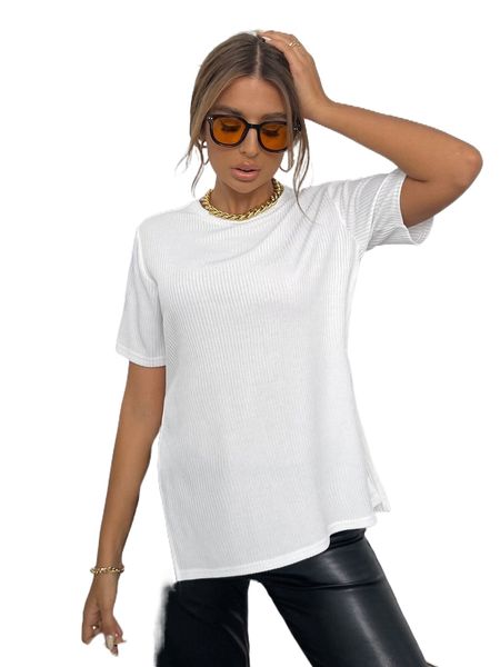 solid rib-knit split hem tee v1d0#, White
solid rib-knit split hem tee v1d0#, White