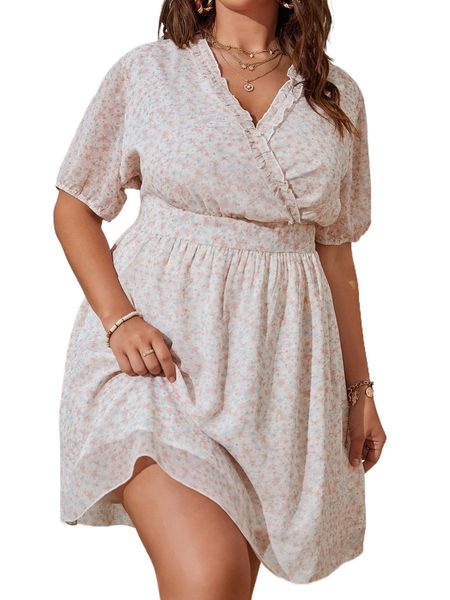 plus ditsy floral frill trim chiffon dress v7am#, Black 
plus ditsy floral frill trim chiffon dress v7am#, Black