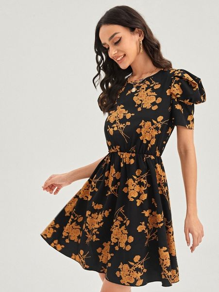 floral print gigot sleeve dress j6c3#, Black;gray 
floral print gigot sleeve dress j6c3#, Black;gray