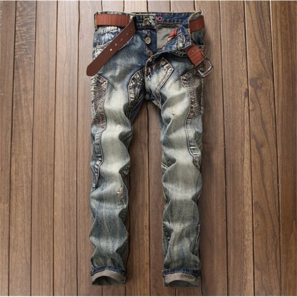 european punk style men vintage bronzed jeans mens slim denim trousers jeans straight moto biker hole jeans pants for men 210318, Blue
european punk style men vintage bronzed jeans mens slim denim trousers jeans straight moto biker hole jeans pants for men 210318, Blue