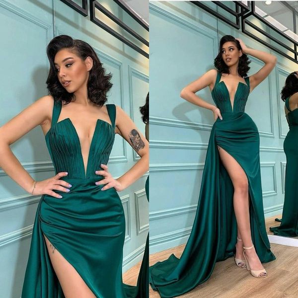 dark green mermaid evening dresses 2022 arabic aso ebi spaghetti straps high side slit prom gowns pleats satin elegant formal party wear ves, Black;red
dark green mermaid evening dresses 2022 arabic aso ebi spaghetti straps high side slit prom gowns pleats satin elegant formal party wear ves, Black;red