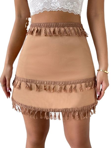 fringe trim high waist skirt b6vd#, Black