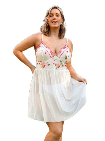 plus floral embroidery cami nightdress d6t3#, Black;white