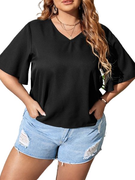 plus butterfly sleeve v-neck blouse o7n3#, Black 
plus butterfly sleeve v-neck blouse o7n3#, Black