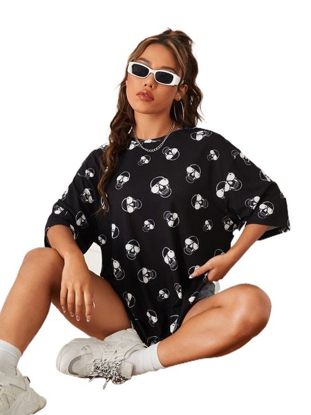 x see see halloween print drop shoulder tee o9d9#, White
