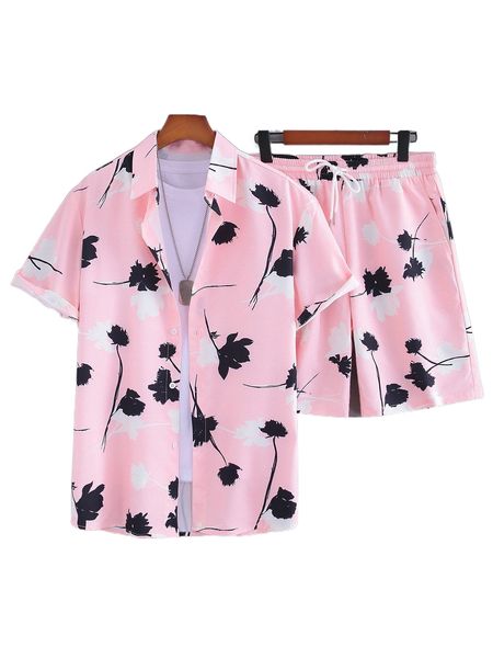 men random floral print shirt & shorts without tee h3m6#, Gray