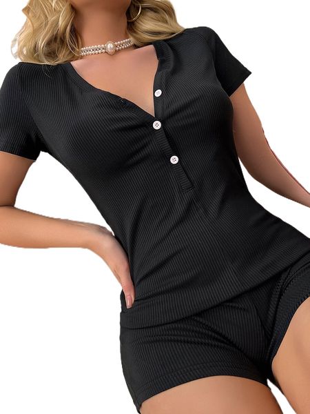 button front rib knit romper x3vq#, Black;red
