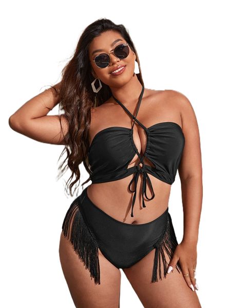 plus knot front fringe trim high waist bikini swimsuit h6eo#, White;black
plus knot front fringe trim high waist bikini swimsuit h6eo#, White;black