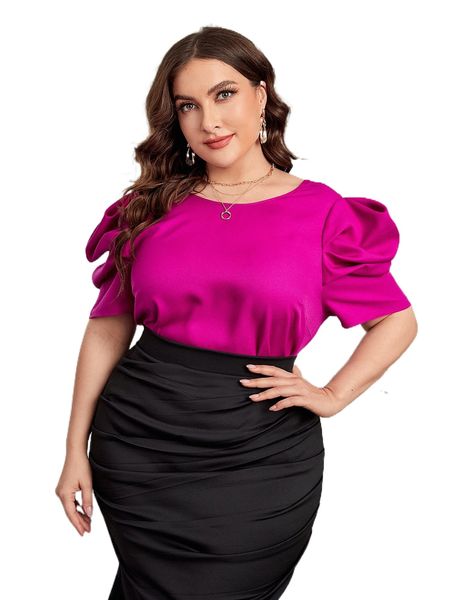 plus puff sleeve bow v back blouse e7es#, Black
