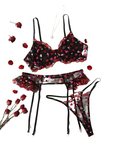 plus 3pack heart embroidered mesh underwire garter lingerie set m6ch#, Black;white
plus 3pack heart embroidered mesh underwire garter lingerie set m6ch#, Black;white