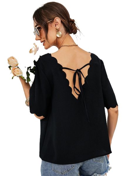 scallop tie back blouse g1yp#, White
scallop tie back blouse g1yp#, White