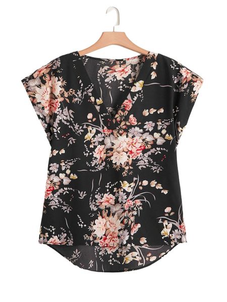 plus floral print high low hem blouse x43a#, Black