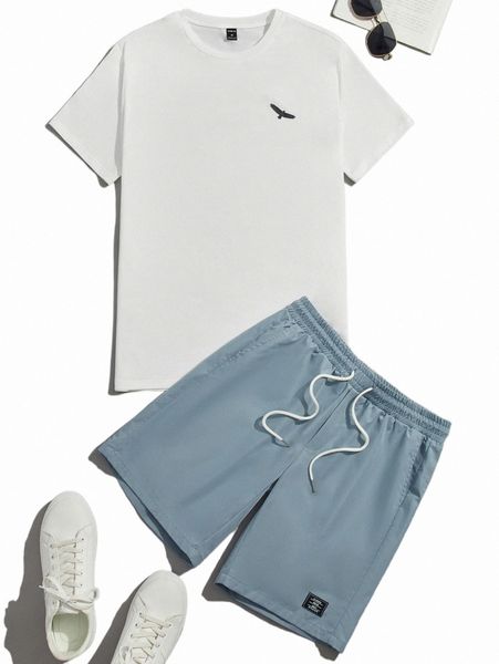 men eagle print tee & drawstring waist patch detail shorts u278#, Gray 
men eagle print tee & drawstring waist patch detail shorts u278#, Gray