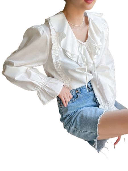 dazy women tie front ruffle trim flounce sleeve blouse b6es#, White
dazy women tie front ruffle trim flounce sleeve blouse b6es#, White