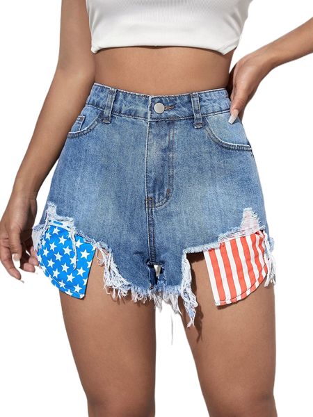 american flag print ripped raw cut denim shorts r89y#, White;black