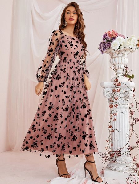 lantern sleeve floral mesh dress r60k#, Black;gray