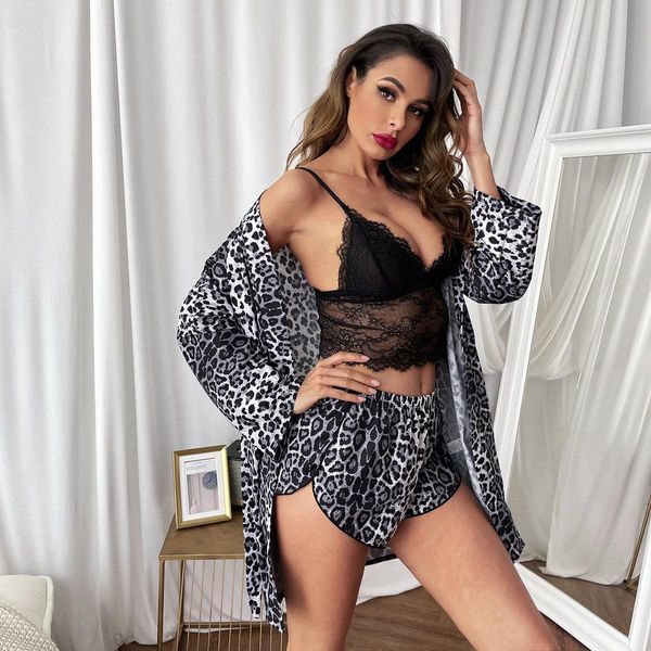 pajamas leopard print sleepwears robe sets women camisole shorts lace sleepwear, Black;red
pajamas leopard print sleepwears robe sets women camisole shorts lace sleepwear, Black;red