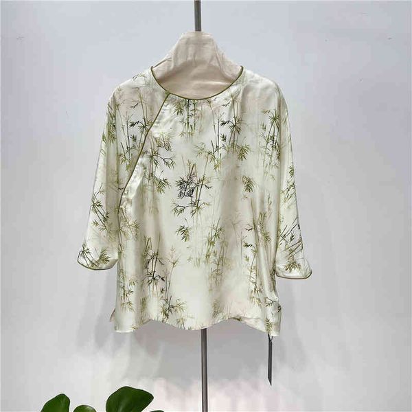 women's polos spring and summer chinese fresh bamboo printed silkworm silk skirt seven sleeve women's top, White
women's polos spring and summer chinese fresh bamboo printed silkworm silk skirt seven sleeve women's top, White