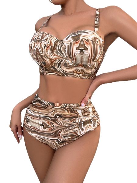 fluid pattern push up high waisted bikini swimsuit s4om#, White;black