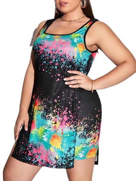 plus splash ink print split hem tank & biker shorts g7xw#, Black