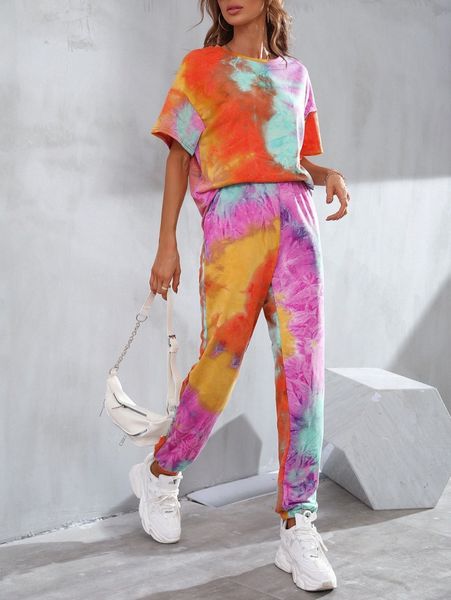 tie dye drop shoulder tee with sweatpants a4z8#, White
