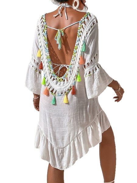 guipure lace panel tie back tassel trim ruffle hem cover up s7bs#, White;black
guipure lace panel tie back tassel trim ruffle hem cover up s7bs#, White;black
