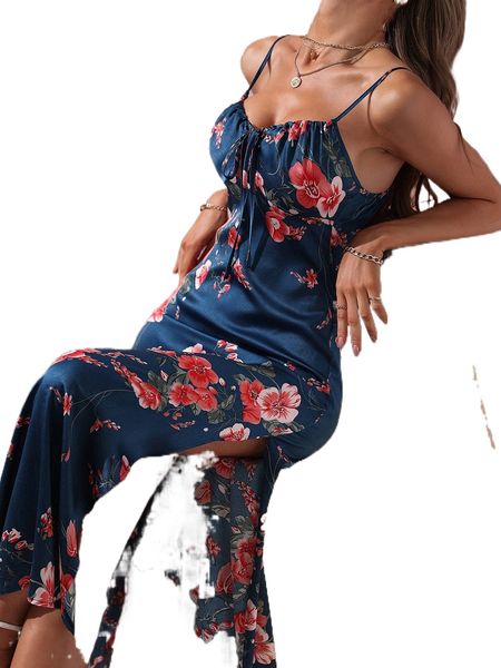 floral print knot front split thigh satin cami dress u2zp#, Black;gray 
floral print knot front split thigh satin cami dress u2zp#, Black;gray