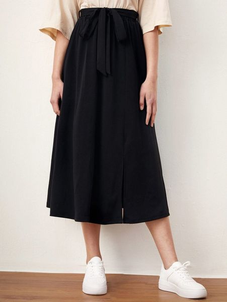 high waist split hem belted skirt x8ij#, Black