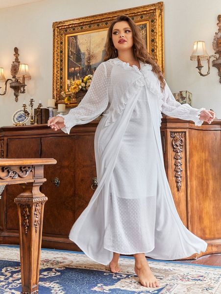 plus swiss dot ruffle trim robe & slip dress 05ss#, Black;white
plus swiss dot ruffle trim robe & slip dress 05ss#, Black;white