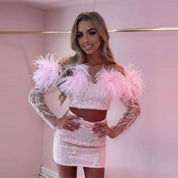blush pink cocktail dresses with feathers appliques sequins two pieces party dress long sleeves girls birthday prom gowns, Black
blush pink cocktail dresses with feathers appliques sequins two pieces party dress long sleeves girls birthday prom gowns, Black