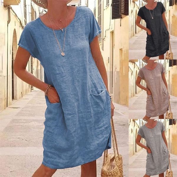plus size 5xl women dress casual solid color short sleeve o neck pockets loose cotton linen female summer robe 220613, Black;gray
plus size 5xl women dress casual solid color short sleeve o neck pockets loose cotton linen female summer robe 220613, Black;gray
