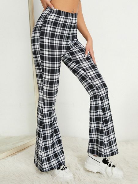 petite plaid print flare leg pants d6q0#, Black;white