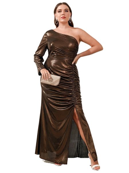 plus one shoulder ruched split thigh maxi metallic prom dress p9sz#, Black