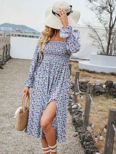ditsy floral shirred square neck flounce sleeve slit thigh dress g6wn#, Black;gray
ditsy floral shirred square neck flounce sleeve slit thigh dress g6wn#, Black;gray