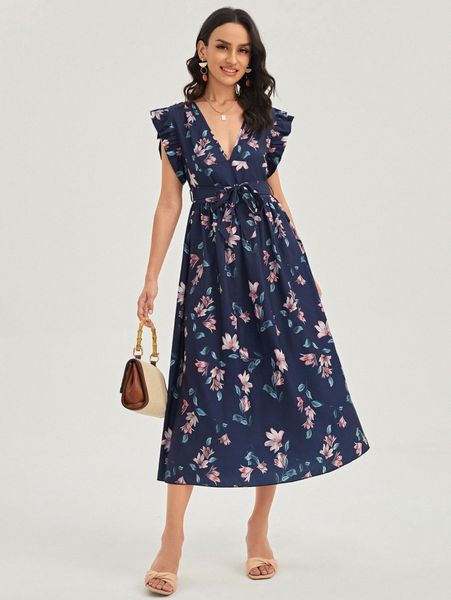 floral print flutter sleeve belted dress 66kz#, Black;gray