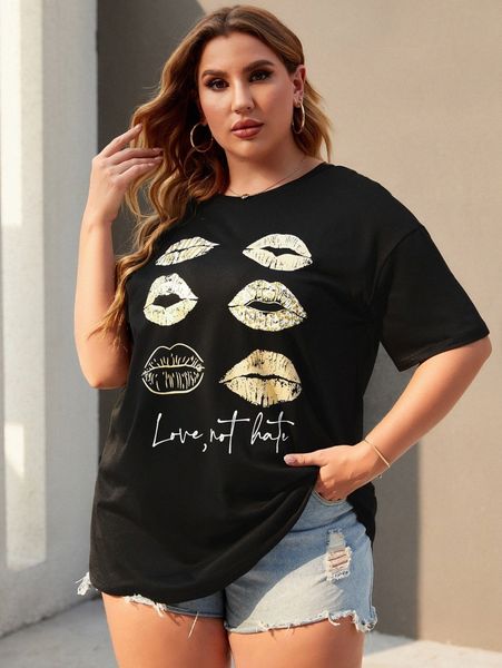 plus lip print drop shoulder longline tee c79a#, Black 
plus lip print drop shoulder longline tee c79a#, Black