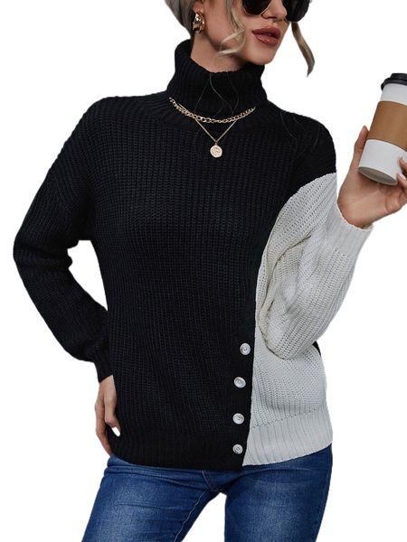 two tone turtleneck single breasted drop shoulder sweater p45m#, White;black
two tone turtleneck single breasted drop shoulder sweater p45m#, White;black