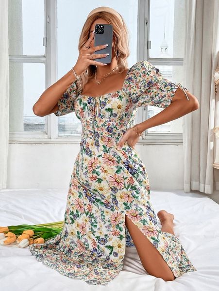 floral print shirred back dress w5tg#, Black;gray 
floral print shirred back dress w5tg#, Black;gray