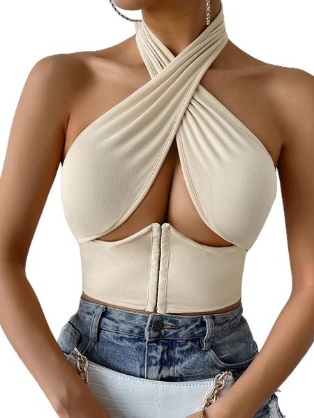 cut out wrap cross hook and eye backless halter c4xm#, White