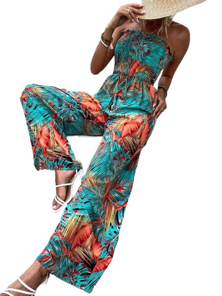 tropical print shirred frill trim belted tube jumpsuit 00v8#, Black;white
tropical print shirred frill trim belted tube jumpsuit 00v8#, Black;white