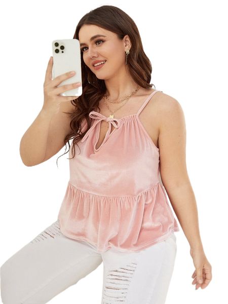 plus knot front peplum velvet cami t3bt#, Black